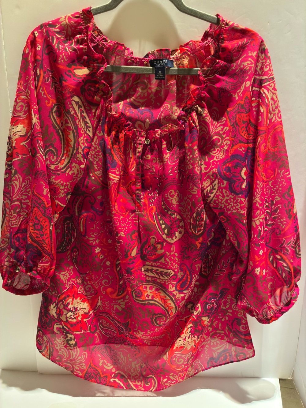 Chaps Bright Pink Paisley Ruffle-Neck Peasant Blouse